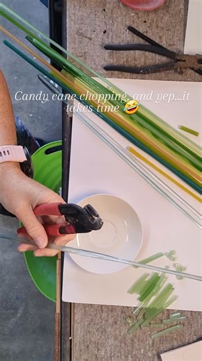 Candy cane chopping, for use later today. Quite a manual process once the murrine has been pulled, I tend not to cut mine up until I am ready to use it. #glass #perthart #perthcreatives | Claire's Glass