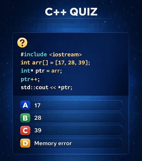Prashant Kumar on Instagram: "🧠 C++ Pointer Quiz | Can You Predict the Output? 💻 Test your understanding of C++ pointers and arrays with this quick quiz! We initialize an array, assign a pointer, increment it, and then dereference — but what value actually gets printed? 🤔 👉 This is a great way to sharpen your fundamentals and avoid common pointer mistakes in C++. 📌 Key Concepts Covered: Pointer arithmetic ➕ Arrays & memory addressing 🧩 Dereferencing pointers 🔍 C++ fundamentals 🚀 💡 Perfe