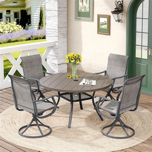 Reviews for DIFY All Weather 5-Piece Metal Outdoor Dining Set with 40.6 in. Grey Wood-Like Round Table and 4-Grey Swivel Dining Chairs | Pg 1 - The Home Depot