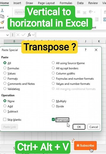 Vertical to Horizontal in Excel #hack #shorts #exceltips #toturial #job #transpose #education#shorts