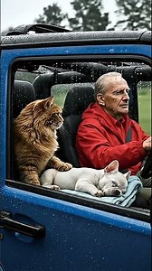 dangerous rain, this brave cat🥹💔😭 rescued an unconscious puppy with the help of a kind old man.