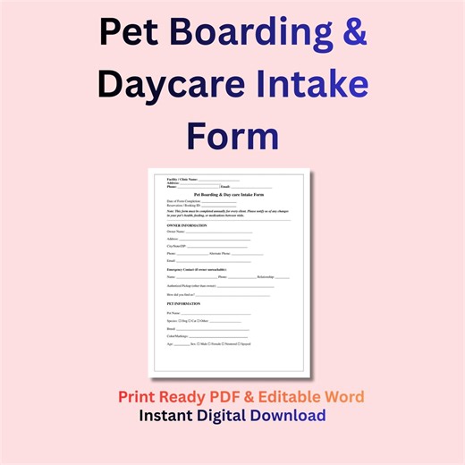 Pet Boarding & Daycare Intake Form | Printable Vet and Owner Pet Template - Etsy