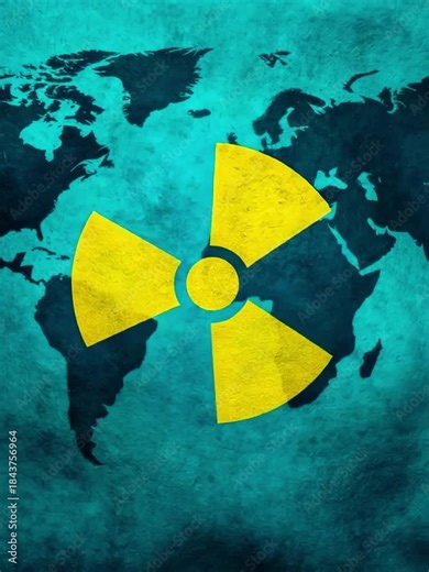 Global nuclear hazard concept shown with radiation sign and world geography