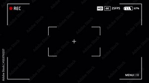 Camera recording screen overlay with alpha channel. DSLR camera frame viewfinder, screen of video recorder digital display. Red dot record, 25 fps.