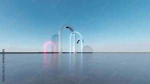 3d render of abstract futuristic glass architecture with empty concrete floor.