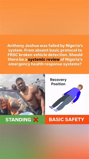 Raf Miera on Instagram: "Anthony Joshua was failed by Nigeria’s emergency response system, in the recent car crash. In this video, I explain how basic accident survivor protocol was neglected, alongside intelligence failures around FRSC vehicle detection & various other system failures - which put both the driver and Anthony Joshua in very dangerous situations. The purpose behind this putting this video together is to highlight these issues & encourage a systemic review into emergency health sys