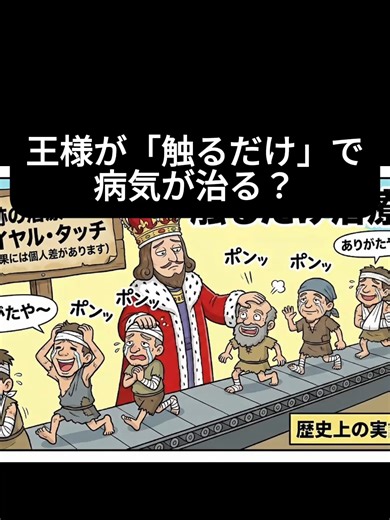 「痛いの痛いの飛んでいけ〜」の究極バージョンです。 昔の王様は、公務として国民を「なでなで」していたんですね。 今回は、かつてヨーロッパで信じられていた奇跡の治療「ロイヤル・タッチ」について解説しました。 ✅ 今回のRNHack（ポイント） ・中世ヨーロッパでは、王様は「神の代理人」として癒やしの力を持つとされた ・特に「ルイレキ（結核性リンパ節炎）」という病気に効くと信じられていた ・イギリスのチャールズ2世は、生涯で約10万人にタッチしたという記録がある ・実際は「自然治癒しやすい病気」だったため、「王様のおかげで治った！」と勘違いされた 「プラシーボ効果」も、王様レベルになると絶大だったのかもしれません。 隙間時間で賢くなれる大人の医療雑学を発信中。 ぜひチャンネル登録して、知識をアップデートしてください！ @RNHackMind #ロイヤルタッチ #世界史 #雑学 #医療の歴史 #プラシーボ効果 #王様 #RNHackMind #Shorts --------------------------------------------------------------------