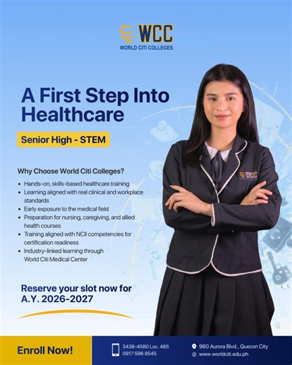 World Citi Colleges on Instagram: "A First Step Into Healthcare 🩺 Choosing Senior High – STEM at World Citi Colleges is ideal for students who want to start building real healthcare skills early. ✔ Hands-on, skills-based training ✔ Learning aligned with real clinical and workplace standards ✔ Early exposure to the medical field ✔ Strong preparation for nursing, caregiving, and allied health courses ✔ Training aligned with NCII competencies for certification readiness ✔ Industry-linked learning