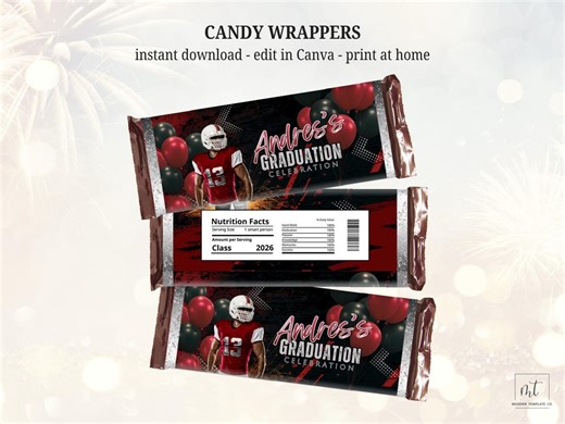 Graduation or Birthday Candy Wrapper Template, Modern Red/black Design for Athletes, Boys & Girls, Editable Party Favors for Canva - Etsy