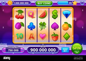 Casino slot machine gameplay interface for mobile app. Jackpot ui with fruits, diamond and clover cartoon icons. Vegas game vector screen Stock Vector Image & Art - Alamy