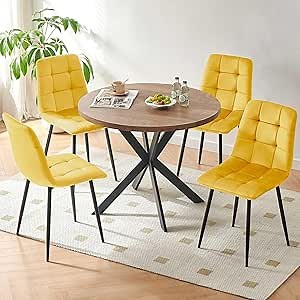 5 Pieces Dining Table Set for 4, 37" Round Kitchen Table Set, Thick MDF Tabletop with 4 Yellow Velvet Dining Chair, Mordern Dining Room Set for Coffee, Living Room