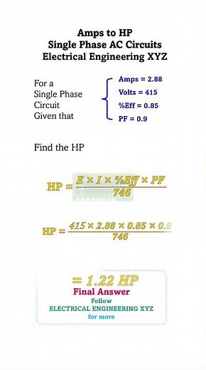 2.88 Amps to HP in Single Phase AC Circuits @415 volts, 0.85 Eff and 0.9 PF