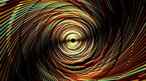 Abstract shiny tunnel made of twisted colorful ribbons in a shape of dynamic radial swirl. Circle vortex wormhole with red, green and orange stripes and golden deep glow on a dark background. 4K 60fps