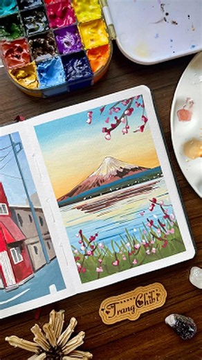 Hướng dẫn vẽ tranh phong cảnh núi Phú Sĩ vào mùa xuân #gouachepainting