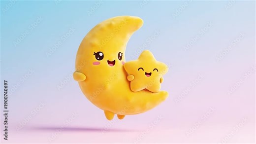 Ultra minimal 3D kawaii crescent moon hugging small star soft gradients plush texture smooth looping animation