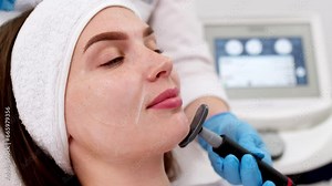 Close-up of a young woman's face during microcurrent therapy. Procedure for electrical stimulation of the face, rejuvenation, anti-wrinkle. The concept of youth and modern cosmetology technologies.