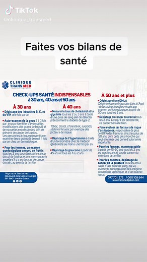 🚨 Les CHECK-UPS Santé indispensables à 30 ans, 40 ans, 50 ans 🚨Ils permettent de faire le point de temps en temps sur son état de santé et de déceler rapidement des problèmes qui peuvent parfois être très sérieux.Il est recommandé à un adulte en bonne santé de visiter de temps en temps le médecin généraliste pour un examen usuel et le dentiste au moins une fois l’an.Vous pouvez effectuer un check-up santé (bilan de santé) en contactant votre médecin : 241 11 73 40 60 | 241 77 701 272 | 241 60 