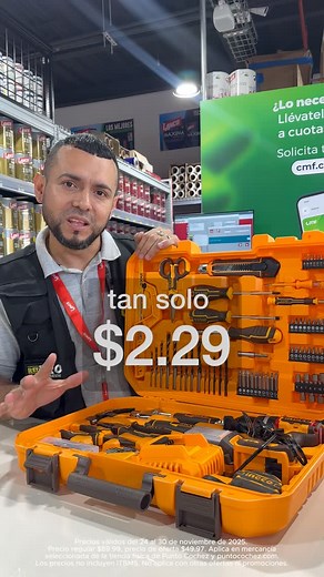 🔥El BLACK FRIDAY está activo en Punto Cochez🔥⁣ ⁣ Este combo está criminal: Taladro 20V kit de 165 piezas: brocas, puntas, llaves, estuche… de todo pa tu proyecto.⁣ ⁣ Llévatelo desde $2.29 pagando en cuotas con tu Tarjeta Digital CMF😎🛠️⁣ ⁣ 💸 Precio regular: $89.99⁣ ✅ Precio de oferta: $49.97⁣ ⁣ No te quedes corto en la obra ni en la casa: atornilla, perfora, arma, instala y resuelve sin cuentos.⁣ ⁣ 💳 Lleva tu combo de herramientas sin abono inicial y paga en cómodas cuotas con tu Tarjeta CM