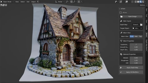 iBlender插件 批量 2D 图像转换为 3D 网格 zForm 深度图 Blender教程