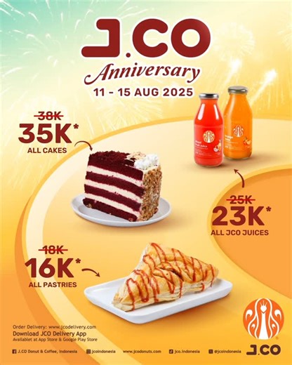 JCO Donuts & Coffee on Instagram: "🎉 JCO Anniversary Promo 🎉 From 11–15 August 2025, get ready to grab these irresistible treats before they’re gone: - Pastries start from 16K - All cakes start from 35K - JCO Juice start from 23K Rush to your nearest JCO store now and be part of the celebration before it’s too late! 🧡"