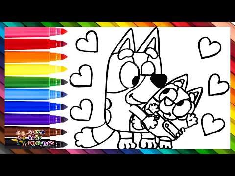 Draw and Color Bluey Holding Baby Bingo 🐶👩‍🍼🍼❤️🧡💛💚💙💜🌈 Drawings for Kids