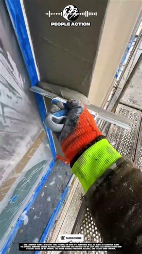Construction People Leveling Wall Edge Surface During Plaster Finishing Action
