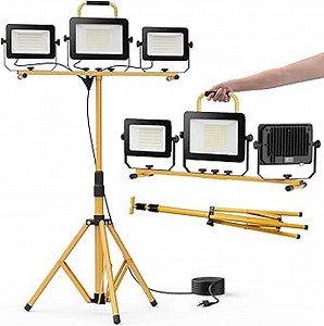 HYPERLITE LED Work Lights with Stand: 3 Head LED Work Light with Individual Switch - Waterproof Foldable LED Tripod Worklight for Garage Workshop Job Site Indoor Outdoor Portable Lighting