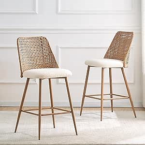 Rattan Bar Stools Set of 2，Modern Upholstered Counter Height Bar Stools with PE Rattan Back,26" H Seat Height Bar Chairs Island Barstools with Solid Metal Legs for Kitchen Counter Home Pub,Brown