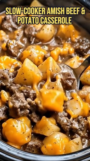 Cozy up with a bowl of this delicious Slow-Cooker Amish Beef & Potato Casserole! Perfect for chilly nights, it's simple, filling, and full of flavor! Slow-Cooker Amish Beef & Potato Casserole Ingredients 1 lb ground beef 1 small onion, diced 4 cups potatoes, peeled and thinly sliced 1 can (10.5 oz) cream of mushroom soup 1/2 cup milk 2 cups shredded cheddar cheese Salt and pepper, to taste Fresh parsley for garnish Need-to-Know Info Skill Level: Easy Cuisine: Amish-Inspired / Comfort Food Allerg