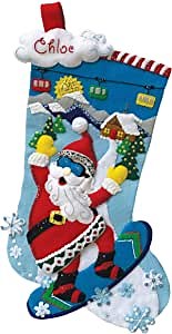 MerryStockings Snowboarding Santa - 18" Felt Applique Christmas Stocking Kit – Complete DIY Holiday Craft Kit with Stamped Felt, Sequins, Beads & Floss