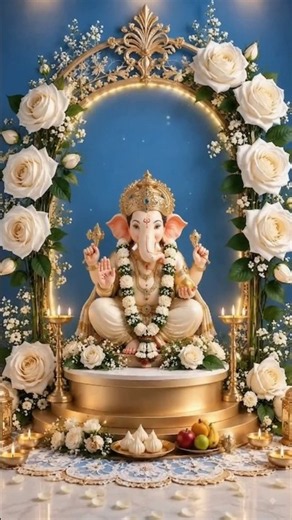 💙🤍🙏 Elegant White Rose & Golden Ganpati Decoration 🐘✨ | Royal Blue Floral Mandap 🪔🌹