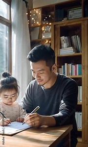 An attractive Asian father is instructing his daughter to study and complete schoolwork at home.