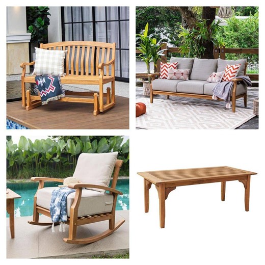 Cambridge Casual Colton Teak Glider Bench, Torrey Teak Couch with Beige Cushion, Coffee Table and Rocking Chair Combo - The Home Depot