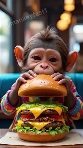🐒 Cute Monkey Eating Burger at Table | Funny Monkey Laughing 🍔 #cuteanimals #babymonkey