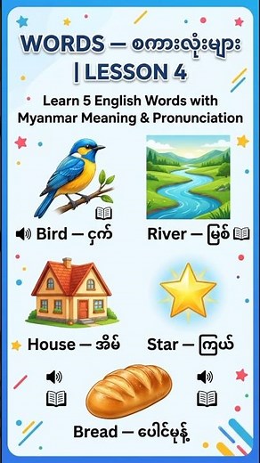 Learn 5 English Words with Myanmar Meaning & Pronunciation | Lesson 4 | Words — စကားလုံးများ 🇬🇧🇲🇲
