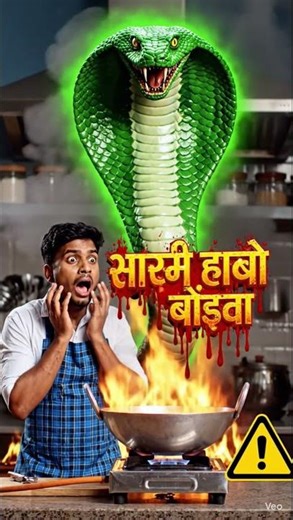 Hyper realistic YouTube clickbait thumbnail, Indian young man in kitchen apron cooking on gas stove