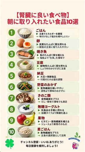 【腎臓に良い食べ物】朝に取り入れたい食品10選｜60代からの朝食#健康 #雑学 #予防医療 #医療 #予防 #腎臓 #腎臓に良い食べ物 #朝食 #腎臓病 #腎臓病食事