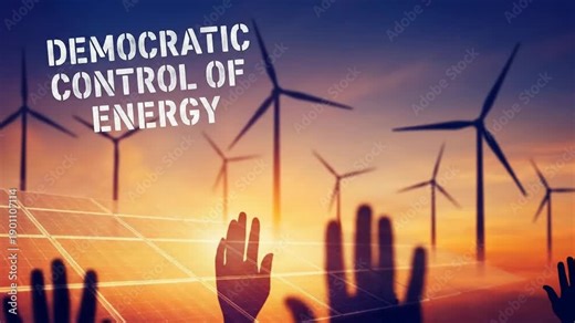 Democracy energy control with raised hands reaching wind turbine and solar panel at sunset symbolizing sustainable energy power and unity