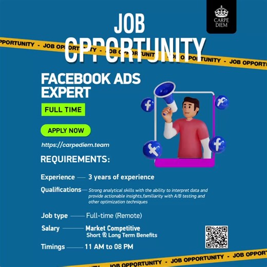 𝐂𝐚𝐫𝐩𝐞 𝐃𝐢𝐞𝐦 𝐓𝐞𝐚𝐦 is Hiring 𝐅𝐚𝐜𝐞𝐛𝐨𝐨𝐤 𝐀𝐝𝐬 𝐄𝐱𝐩𝐞𝐫𝐭𝐬 to join our Team 𝐀𝐛𝐨𝐮𝐭 𝐔𝐬: 𝐂𝐚𝐫𝐩𝐞 𝐃𝐢𝐞𝐦 is a dynamic and rapidly expanding organization with a team of 500 dedicated professionals. We proudly serve 300 active clients, delivering unparalleled solutions and services. As we continue to grow, we're seeking highly motivated 𝐅𝐚𝐜𝐞𝐛𝐨𝐨𝐤 𝐀𝐝𝐬 𝐄𝐱𝐩𝐞𝐫𝐭 to enhance our efforts and further our mission. 𝐄𝐱𝐩𝐞𝐫𝐢𝐞𝐧𝐜𝐞: 3 years hands-on experience i