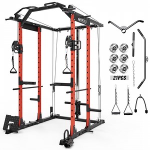 Mikolo Power Rack Cage, Weight Rack with Cable Crossover Machine,Multi-Function Squat Rack with J Hooks,Dip Bars and Landmine for Home Gym (Black) Aluminum Pulley