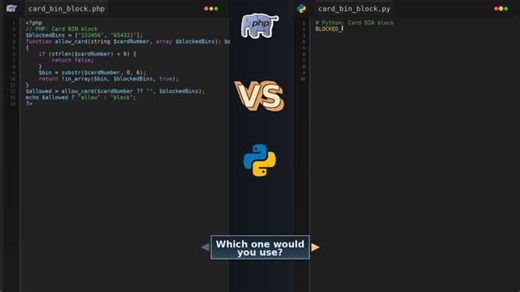 Zero sleep, full PHP on Instagram: "Card BIN Block Block high-risk BIN ranges before authorization. #php #python #payments #bin #fraud #risk #backendsafety #security #reliability #viralcoding"