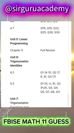 FBISE MATH CLASS 11 IMPORTANT UNITS AND QUESTIONS
