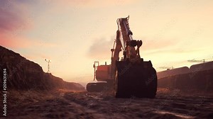 Excavator or digger at construction Site during sunset. Heavy industry. 4k HD