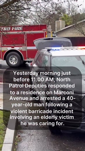 CARETAKER TAKEN INTO CUSTODY BY K9 NIKO FOLLOWING BARRICADE AND THREATS AGAINST ELDERLY VICTIM Yesterday morning just before 11:00 AM, North Patrol Deputies responded to a residence on Marconi Avenue and arrested a 40-year-old man following a violent barricade incident involving an elderly victim he was caring for. The suspect, Jesse James Halleib, had been living in a shed on the victim’s property. Halleib entered the 77-year-old victim’s main residence and threatened to assault her. When the v
