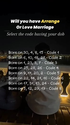 Aartie Vviirmani on Instagram: "Let's Check what you'll have, comment your DOB in the comments 🪷🤍 Code 1 📅 Born on: 30, 4, 8, 15 💍 Arranged marriage turning into love. Family choice, heart agrees later. Stable bond. Code 2 📅 Born on: 6, 10, 18, 27 💑 Love marriage clearly indicated. Emotional, romantic, partner chosen by you. Code 3 📅 Born on: 1, 23, 3, 7 ❤️ Love marriage after delays. One strong connection after learning important lessons. Code 4 📅 Born on: 25, 28, 26 🏡 Arranged marriag