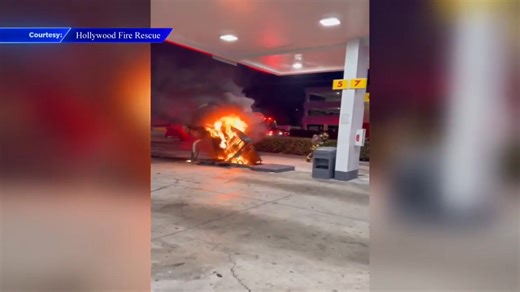 Crews extinguish fire that sparked after vehicle drove off with gas pump attached at Hollywood gas station - WSVN 7News | Miami News, Weather, Sports | Fort Lauderdale