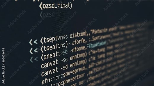 Close-up of computer screen displaying scrolling code, digital data stream