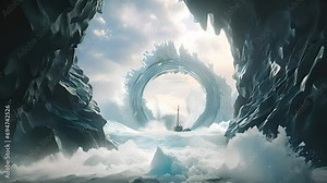 Ice portal, cold blue mountain landscape from a rocky cave. Created with generative AI.