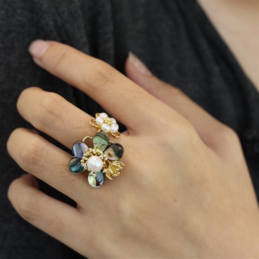Gold Abalone Shell and Pearl Ring, Artistic Ring With Flower Design, Handmade Jewelry Gift - Etsy