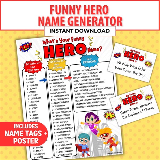 Funny Hero Name Generator Printable for Kids, Silly Adventure Name Game, Classroom Activity, Party Game, Screen Free Kids Activity - Etsy